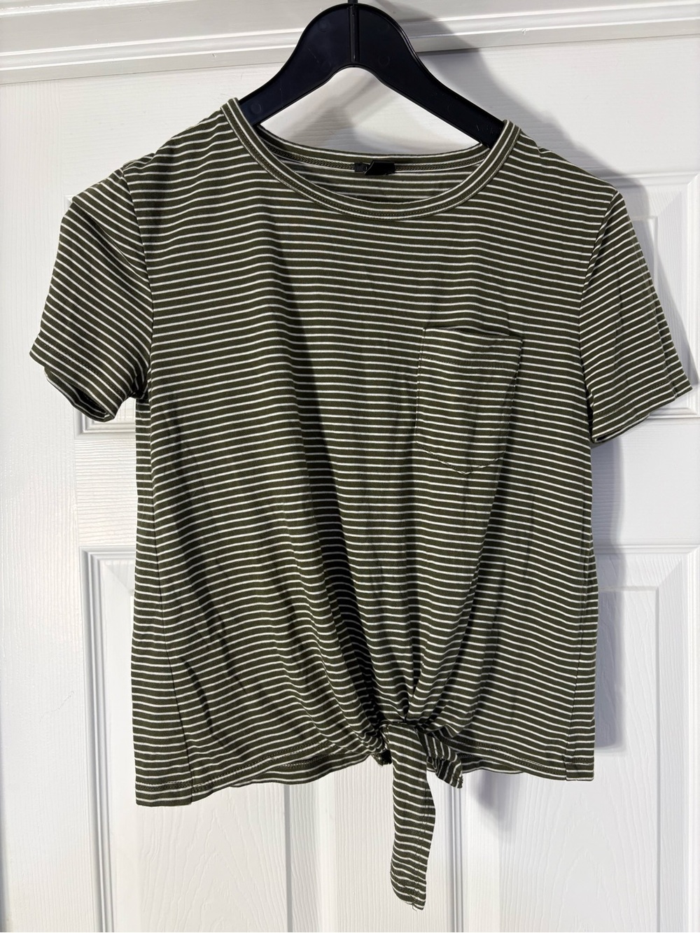 J. Crew Olive Green & White Striped Tie-Front Crop Top